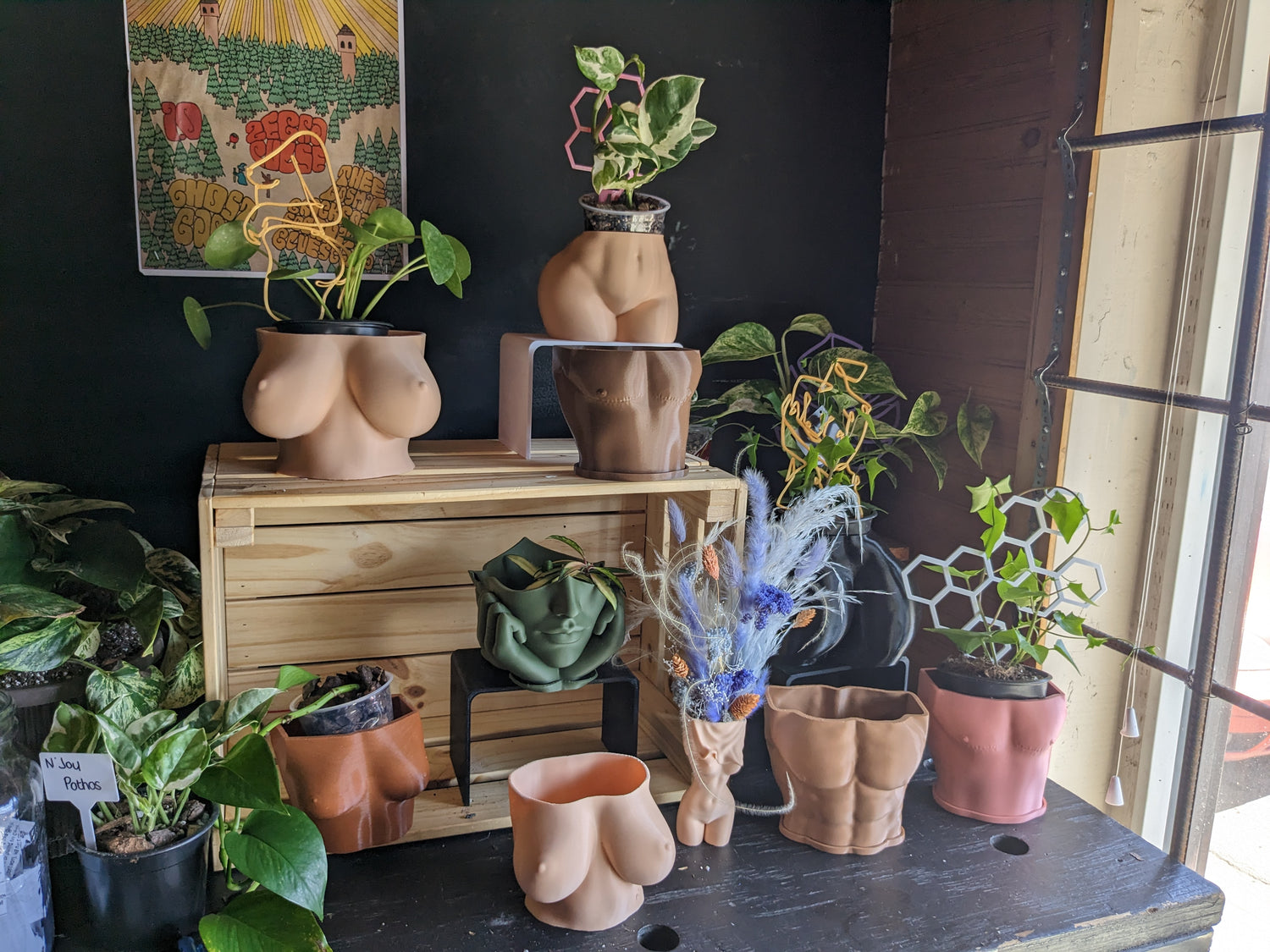 A group of body positive planters on a wooden shelf, featuring different body shapes in a variety of colours. The planters include smaller breasts, larger breasts, a top surgery planter, and several others. Live plants including pothos and ivy are seen in the planters on the shelf, with body positive trellises providing support. These unique planters offer a fun and positive way to display your favorite plants while celebrating body diversity.